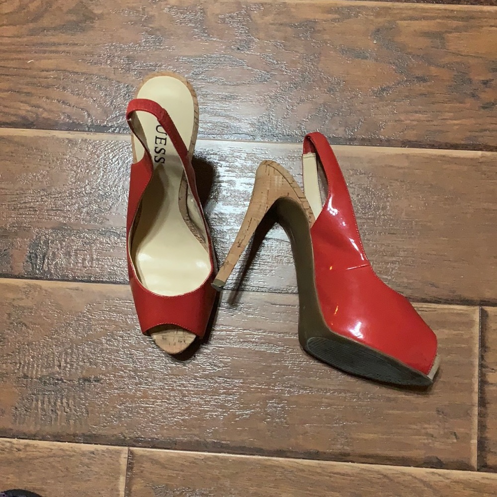 GUESS platform slingback peep-toe cork heel